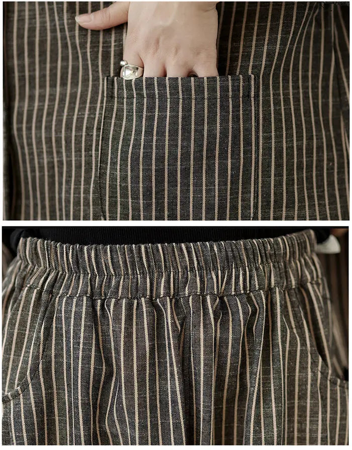 Retro Stripe Cotton And Linen Suit 2024 Women's Autumn Temperament Casual Wide Leg Harem Pants Loose Oversized 2 Piece Set K2478