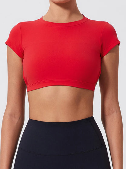 Women Crop Top - Backless Sports Crop Tee With High Compressive Waistband
