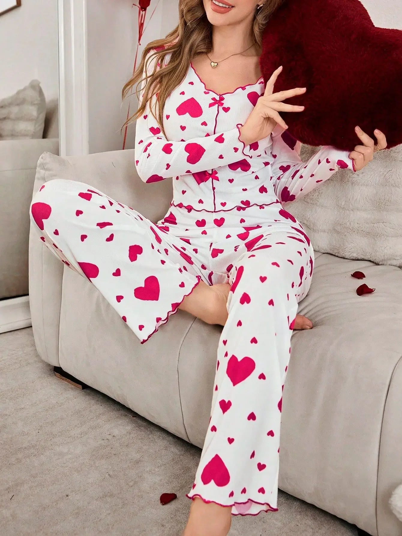 Pajamas 2 Piece Sets Women Sleepwear Loungewear Suit Top Pants Heart Print Bow Trousers Autumn Ensemble Nightwear Outfits