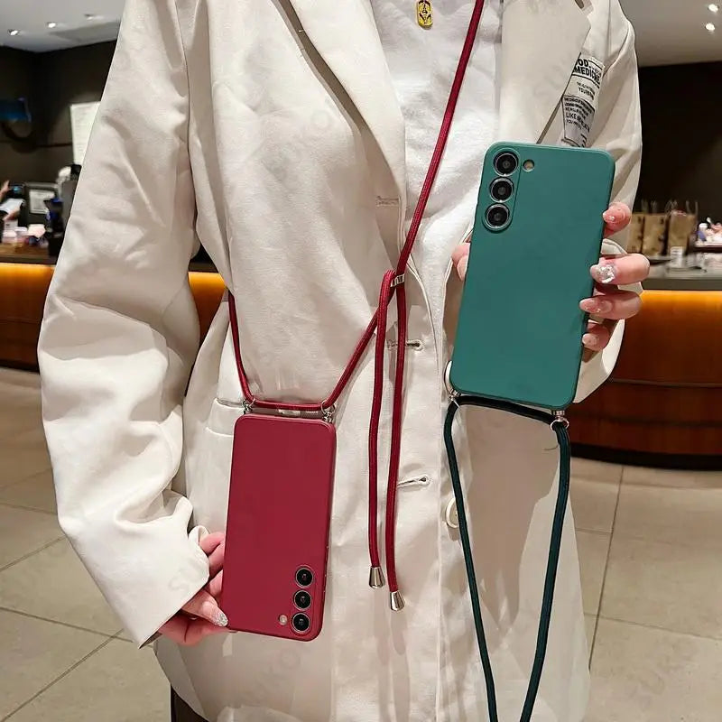 Crossbody Lanyard Soft Case For Samsung Galaxy S23 FE S25 Edge S26 S24 Ultra A17 A57 A37 A55 A56 A16 5G Liquid Silicone Cover
