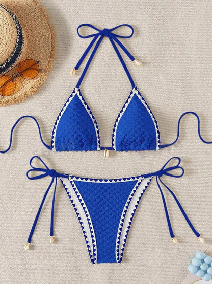 Halter Bikini Set - Wrinkled Weave Polyester Swimwear With Push Up Support