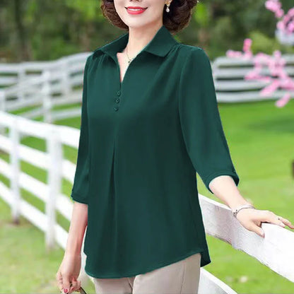 1pcs Woman Summer Solid Blouses Shirt Lady Thin Pullover Shirt Female Casual Half Sleeve Turn-down Collar Loose Top Mom Clothing