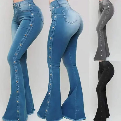 Women Jeans High Waist Strecth Denim Flare Pants Vintage Trousers Buttons Denims Streetwear Spring Autumn Female Floor Length