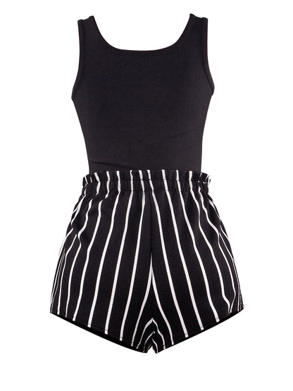 Women's Ribbed Crop Sleeveless Tank Top & Striped Print Belted Bag Waist Shorts SetFitted Comfort Scoop Neck Crop Tank & Shorts