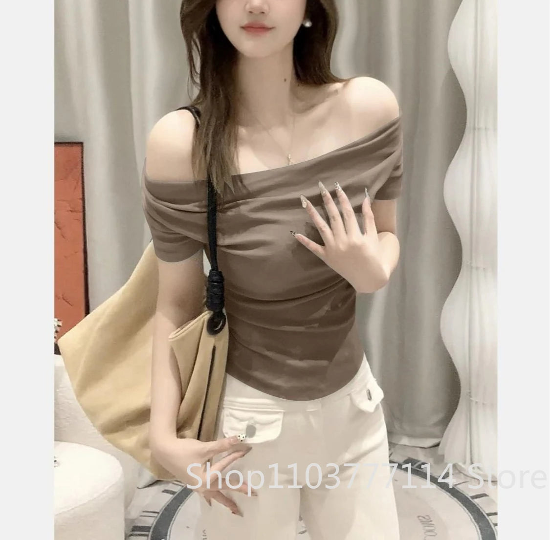 Summer Off Shoulder Top Women Summer Fashion Versatile Base Shirt Plus Size Slim Fit Short-sleeved T-shirt Casual and Sexy Beach