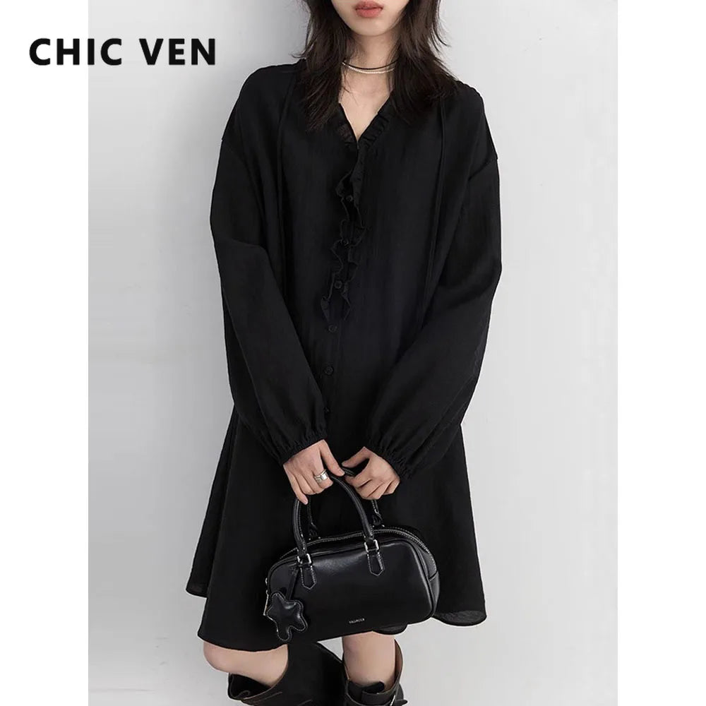 Women Loose Dress - Casual V-Neck Long Sleeve A-Line Knee Dress With Ruffled Lantern Sleeves