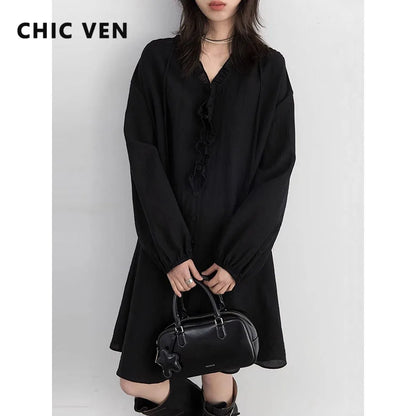 Women Loose Dress - Casual V-Neck Long Sleeve A-Line Knee Dress With Ruffled Lantern Sleeves