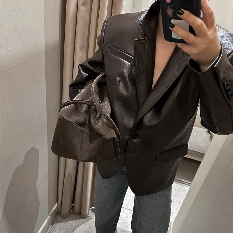 Vintage Leather Bomber Jacket – Women's PU Leather Zip Jacket With Belt & Patchwork Design
