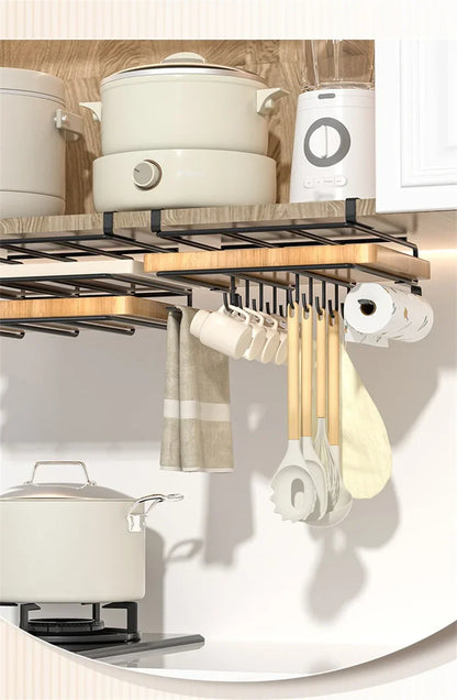 Kitchen Organizer Rack - Stainless Steel Hanging Kitchen Rack with Hooks for Cutting Board, Paper Towel & Pot Lid Storage