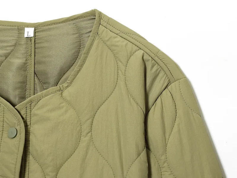 Quilted Jacket Women - Warm Winter Padded Coat With Covered Button Closure