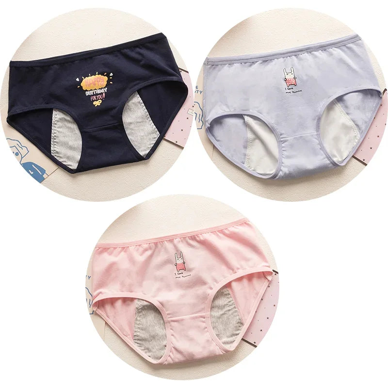 3PCS Cute Cartoon Period Underwear for Girls  Leakproof Teen Menstrual Panties 4-Layer Absorbent Reusable Washable Underwear