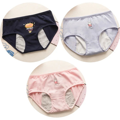 3PCS Cute Cartoon Period Underwear for Girls  Leakproof Teen Menstrual Panties 4-Layer Absorbent Reusable Washable Underwear