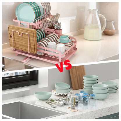 2 Tier Pink Dish Drying Rack with Drainboard | Large Capacity Kitchen Counter Dish Organizer , With Utensil Holder & Accessories