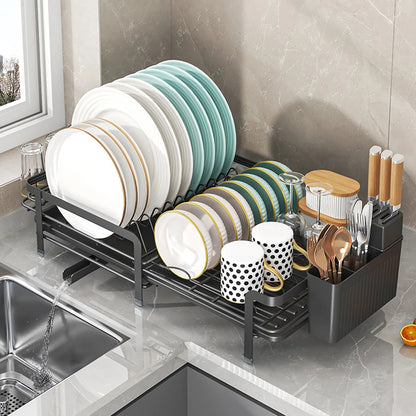 Expandable Dish Drainer - Adjustable Kitchen Rack with Drainboard, Utensil & Cup Holder