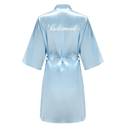 Light Blue Women's Satin Robe Short Kimono for Bride & Bridesmaid With White Letter, Wedding Party Robes