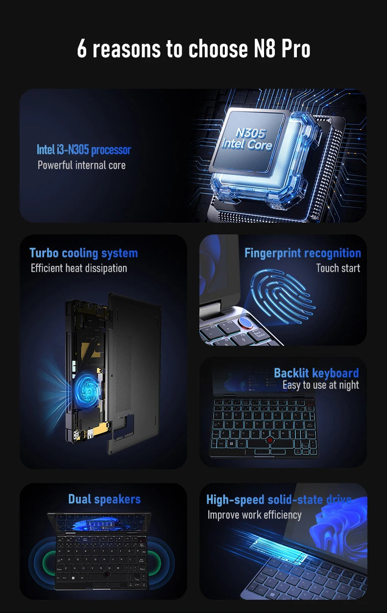 Zwide Pocket Book N8 Pro Intel I3-N305 Touch Screen 8 inch IPS 1920x1200 Pixels FHD 16GB LPDDR5 mini Notebook 360° Flip yoga