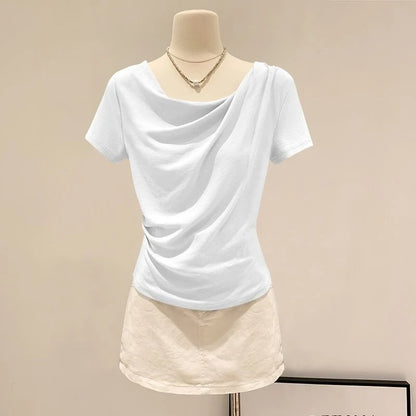 Summer Off Shoulder Top Women Summer Fashion Versatile Base Shirt Plus Size Slim Fit Short-sleeved T-shirt Casual and Sexy Beach