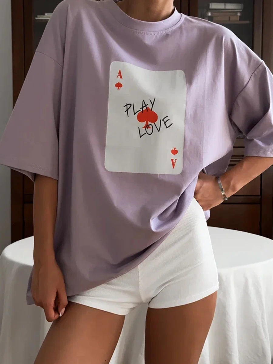 Bornladies Womens Cotton Poker Card T-Shirt - Casual O-Neck Short Sleeve Top