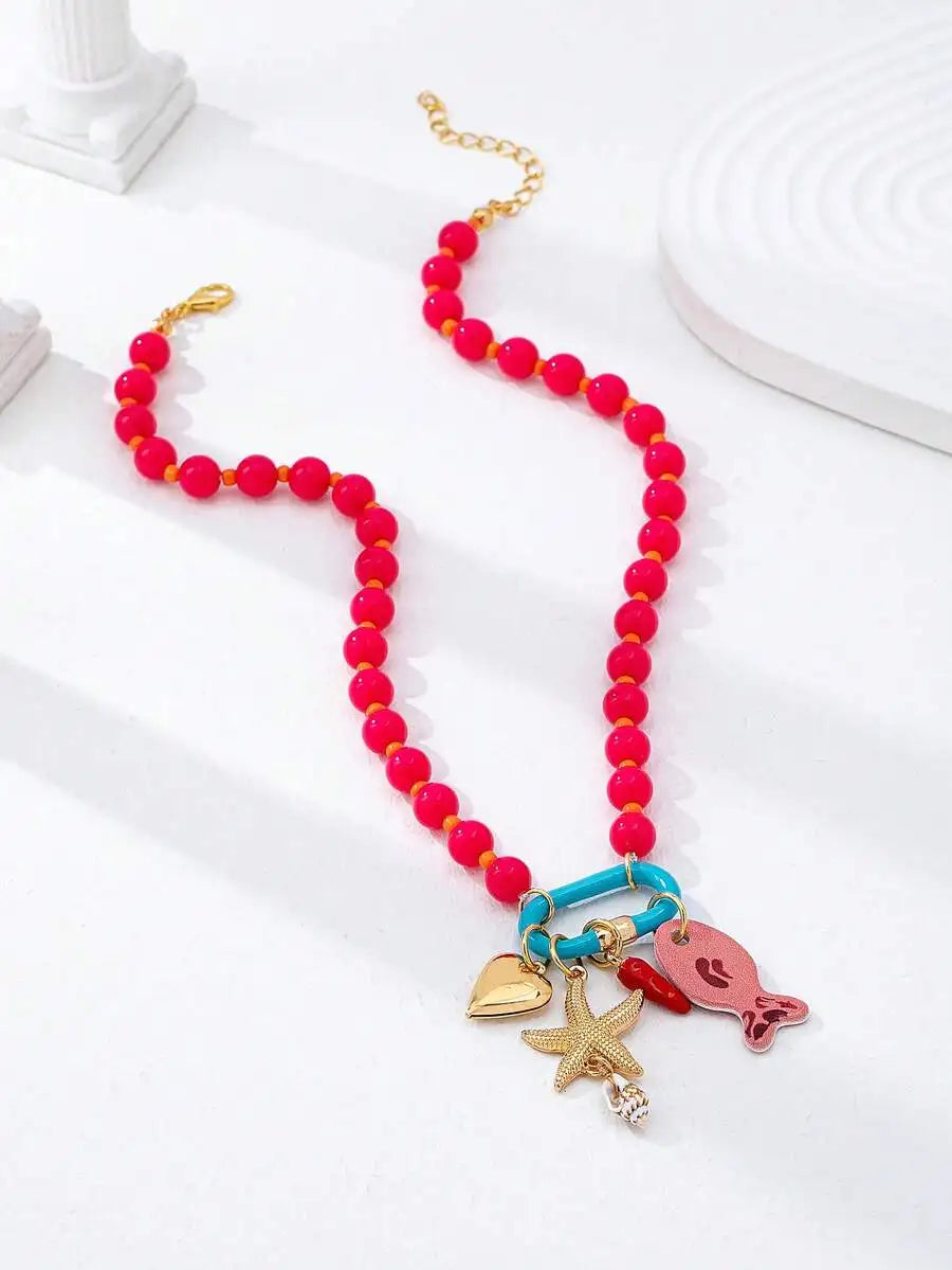 1pc Summer Beach Multi-Layer Resin Beaded Necklace, Colorful Fish & Starfish Charms, Boho Jewelry for Vacation & Beach Party