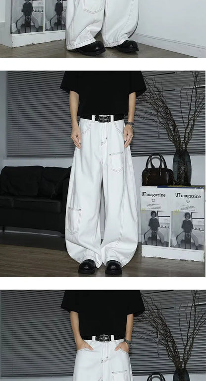Y2K Men's Jeans White High-Waisted Wide-Leg Denim Pants Retro Baggy Style Fashion Loose Fit Casual Denim Trousers Streetwear