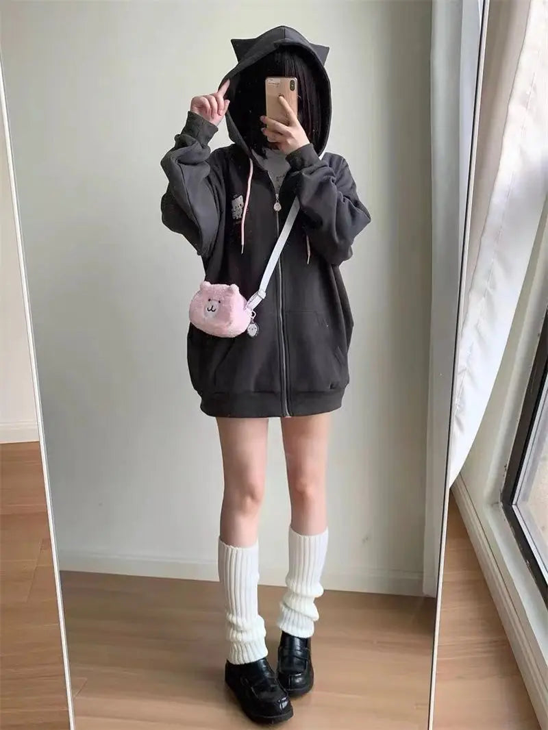 Zipper Hoodie Gothic Cartoon Kawaii Cat Ear Y2k Jacket Zip Up Thin Coat Spring Autumn Cute Core 2000s Clothes Fall Sweatshirts