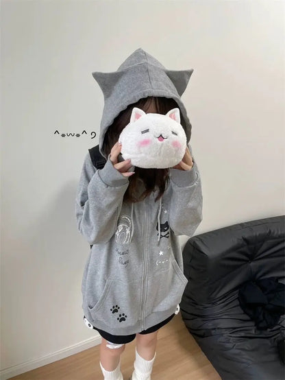 Zipper Hoodie Gothic Cartoon Kawaii Cat Ear Y2k Jacket Zip Up Thin Coat Spring Autumn Cute Core 2000s Clothes Fall Sweatshirts