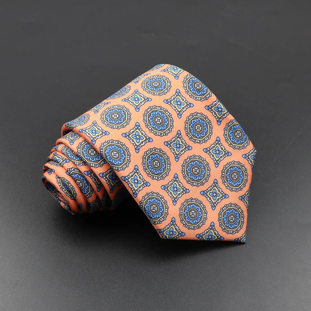 Mens Silk Tie - 75cm Soft Novelty Necktie in Blue Green Orange Floral Pattern