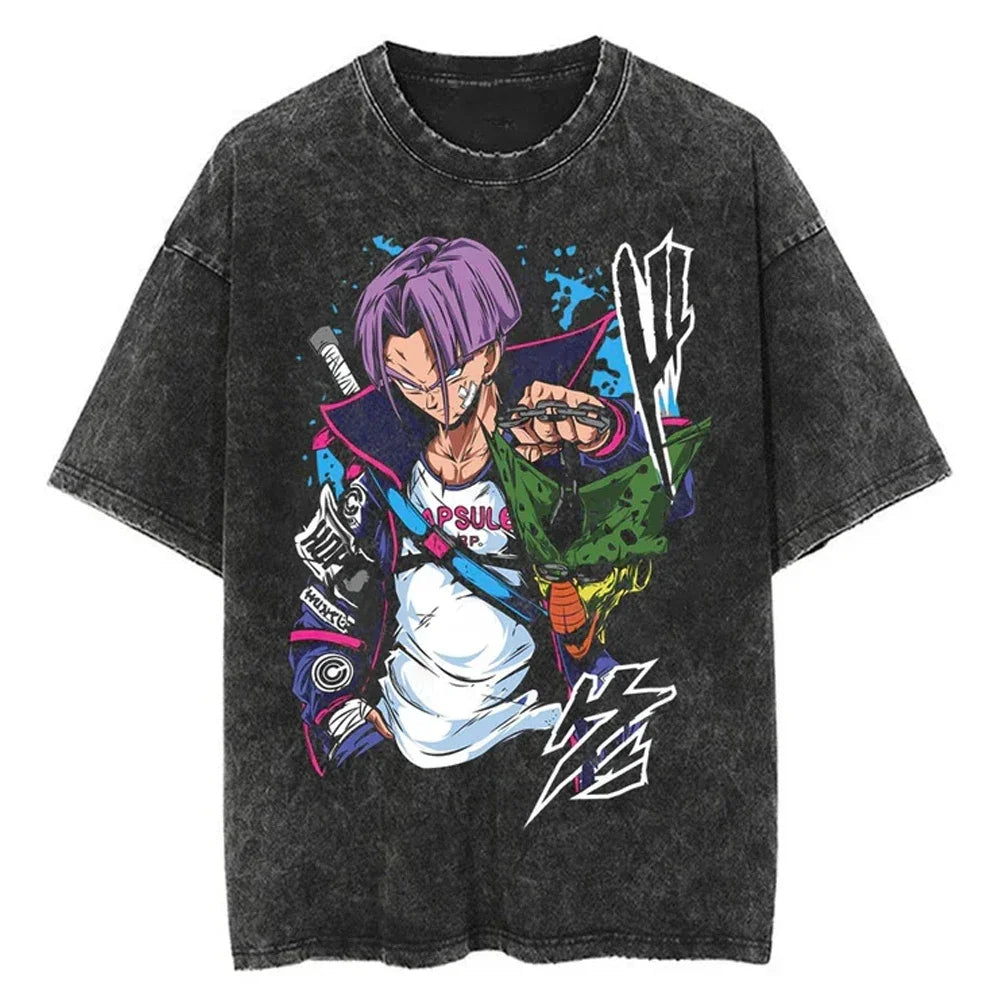 Men Streetwear Washed T Shirt Japanese Anime Dragon Ball Print T-Shirt Harajuku Cotton Casual Tshirt Summer Short Sleeve Tops
