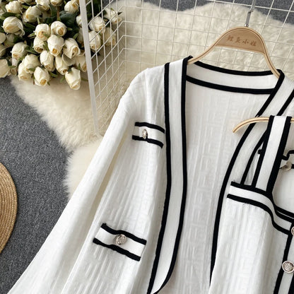 SINGREINY Autumn Knitwear 3PC Sets Long Sleeves Cardigan+Single Breasted Spaghetti Strap+High Waist Elastic Shorts Casual Suits