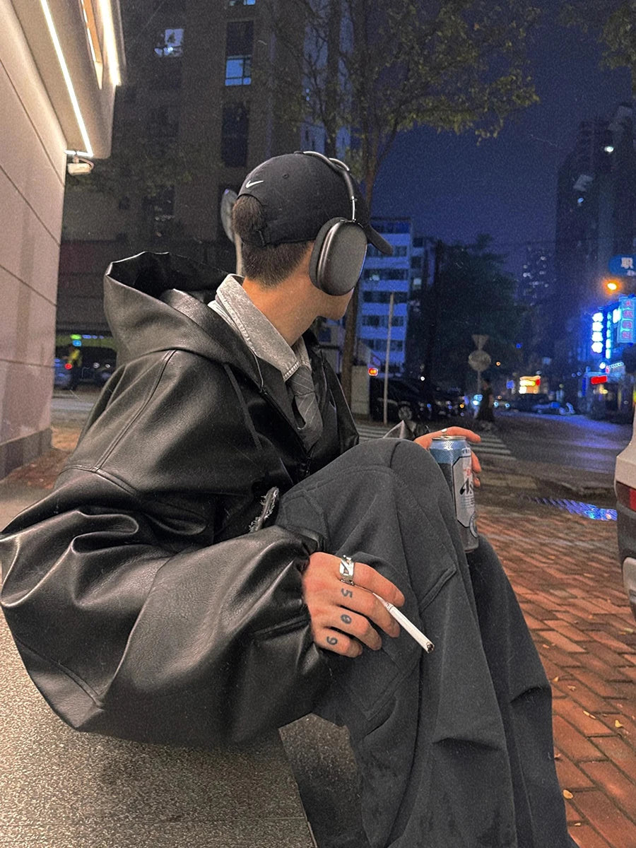 Mauroicardi Spring Autumn Short Oversized Black Soft Pu Leather Jacket Men with Hood Zipper Loose Casual Korean Fashion Clothes