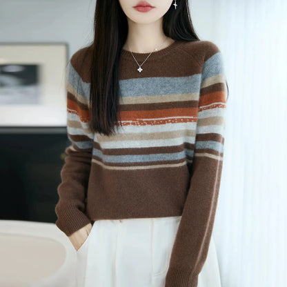 Autumn and winter 100% pure wool striped retro style round-neck wool knit women's long-sleeved versatile sweater top