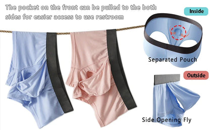 Men's Bamboo Fiber Boxer Shorts Fly Pouch Front Open Breathable Bulge Underwear Separated Pouch Trunks Dual Pouch Underpant