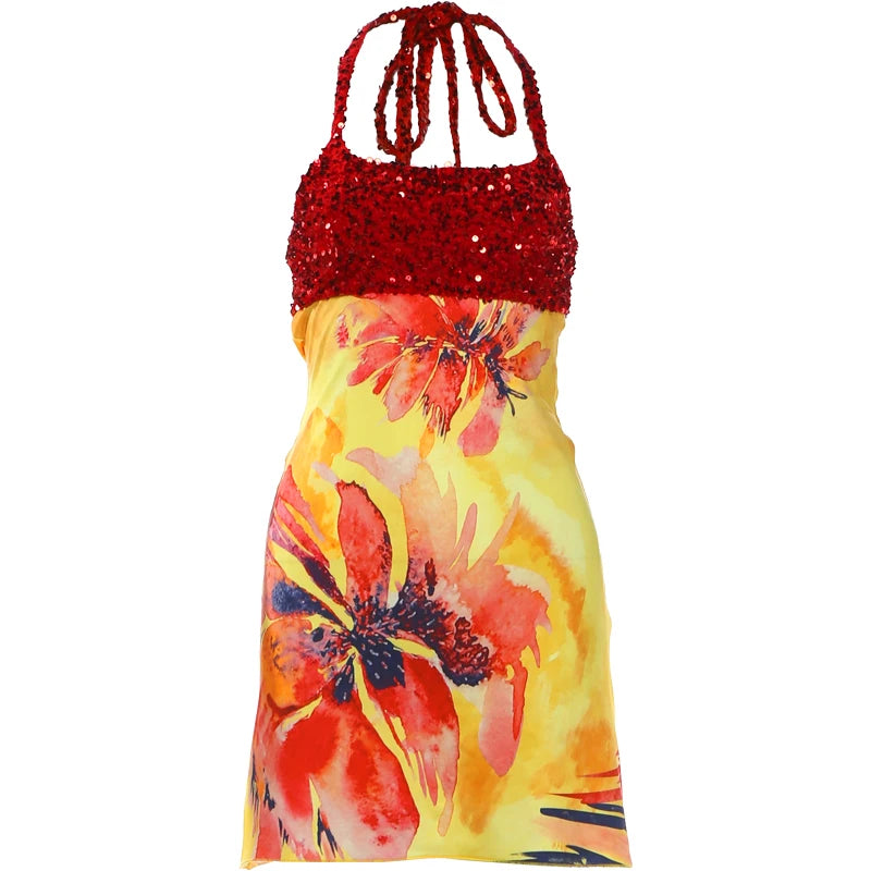Weird Puss Floral Print Backless Dress Women Trend Halter Sequin Patchwork Bandages Sleeveless Stretch Sexy Vacation Bodycon