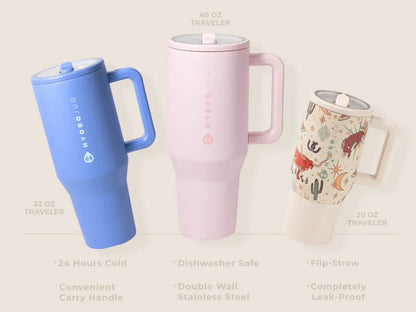 40oz Cream Insulated Stainless Steel Water Bottle | HYD Traveler Flip Straw Tumbler with Handle