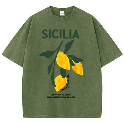 Amalfi Coast Italia Lemon Fruit Design Women Washed T-Shirts Y2K Casual T Shirt Summer Hip Hop Top Cotton Loose Short Sleeve