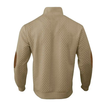 Men's Waffle Knit Quarter Zip Pullover with Contrast Trim and Elbow Patches Casual Long Sleeve Sweater