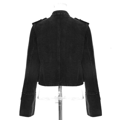Streetwear Casual Loose Button Split Short Denim Jacket Women Fashion Spring Autumn 2026 Stand Collar Long Sleeve Jean Jacket