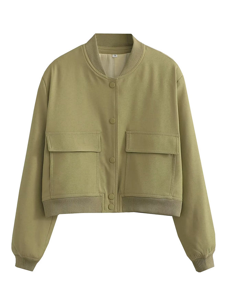 Women Bomber Jacket - Solid V Neck Single Breasted Polyester Coat With Pockets