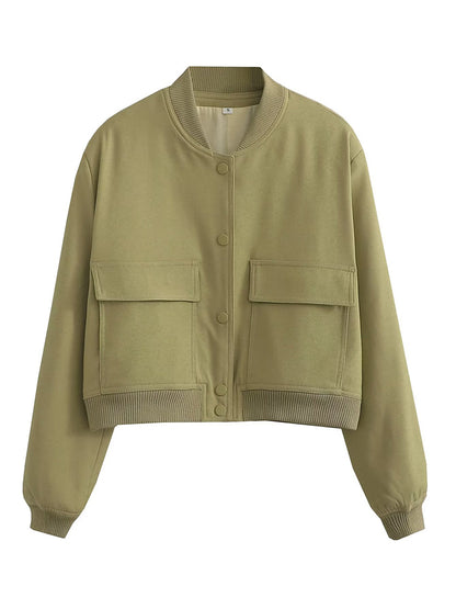 Women Bomber Jacket - Solid V Neck Single Breasted Polyester Coat With Pockets