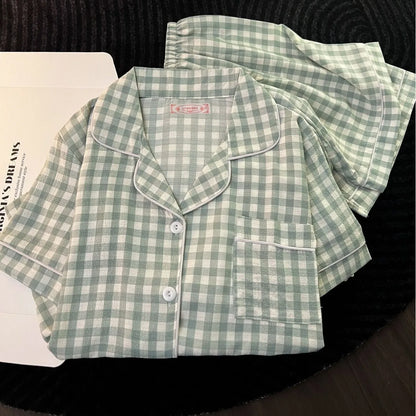 Ins Japanese-Style Minimalist Women's Pajamas Summer Bubble Cotton Cute Girl Loose Short-Sleeve Shorts Loose Summer Outfit Set