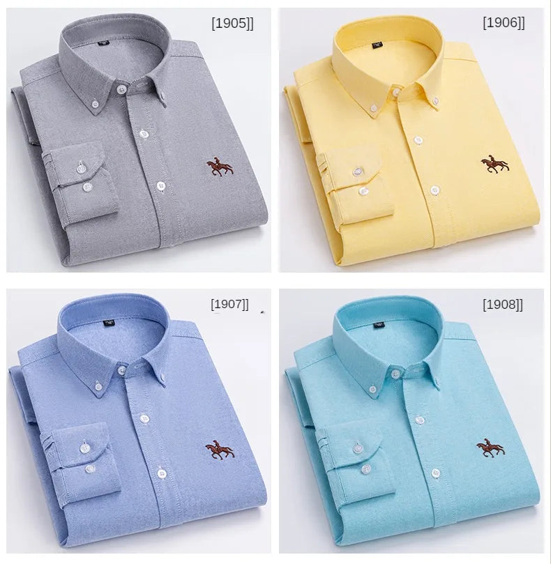 100% Pure Cotton Men's Long Sleeve Shirt Business Casual Solid Color Embroidered Oxford Spun Shirt