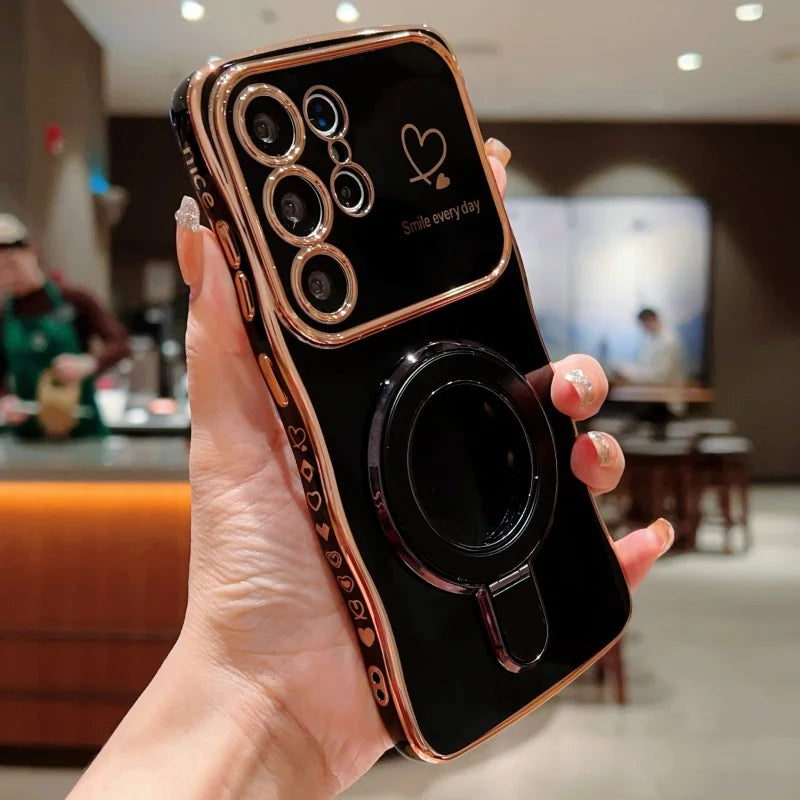 Wave Plating Side Love Heart Phone Case For Samsung Galaxy S26 S25 Ultra S24 S23 S22 A16 A55 Protect Lens Shockproof Back Cover