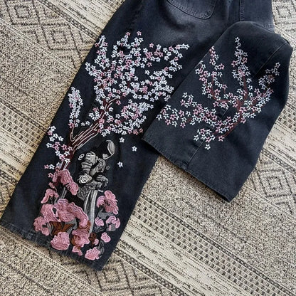 Y2K Vintage Baggy Fallen Knight Cherry Blossom Embroidery Jeans Men Women Fashion Straight Wide-leg Denim Pants Streetwear Jean