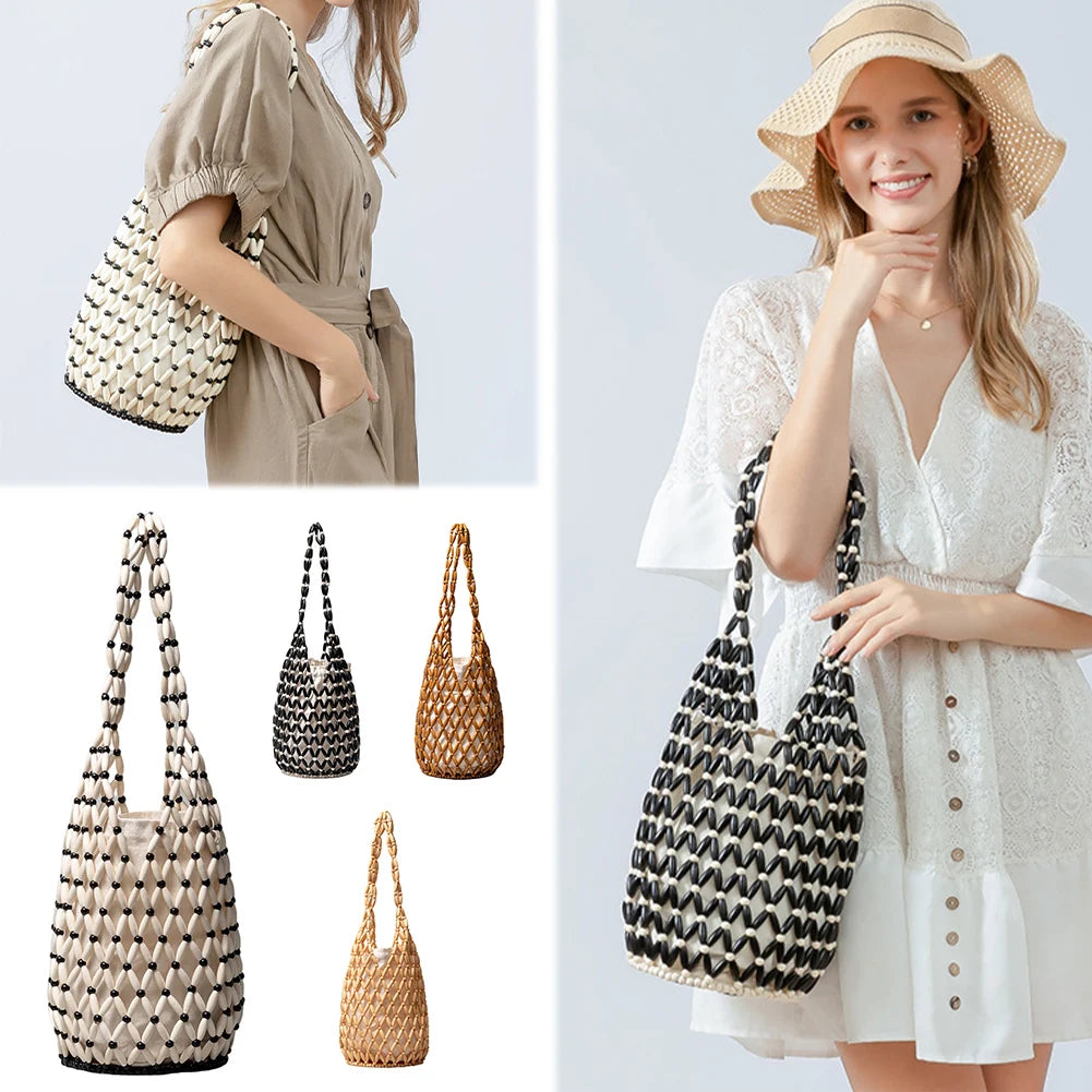 Handmade Wooden Beaded Tote Bag - Woven Shoulder Bag for Travel - ZOOMNSTORE