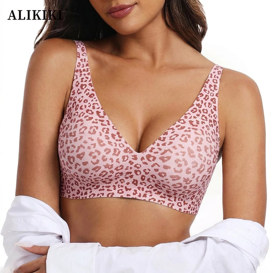 Deep V Jelly Bras Wireless Comfortable Bra Supportive No Underwire Bras Tshirt Push Up Bralette Pink Leopard Plunge Seamless Bra