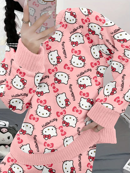Women's HelloKitty velvet pajama set, featuring a long-sleeve top and matching pants, comfortable winter sleepwear