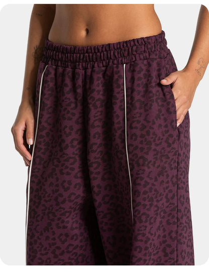 Women High Elastic Leopard Print Yoga Pants Loose Wide Leg Fitness Workout Pants Butt Lifting Slim Casual Sports Trousers