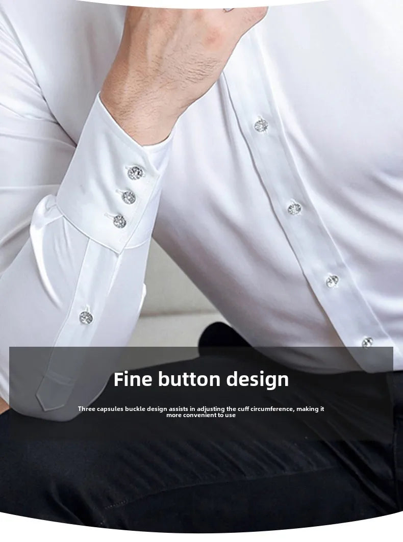 Solid color shirt men's crystal button long sleeved pointed collar light luxury men's business casual men's wear