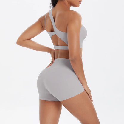 JUREN Yoga Clothes Set 2 Piece Gym Sports Shorts Set Women Tracksuit High Waist Shorts Fitness Suit Running Bra Workout Outfits