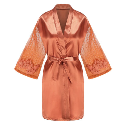 Caramel Wedding Bride Bridesmaid Robes Dressing Gown Sexy Women Bathrobe Night Shirts Short Women Kimono Mesh Sleeve